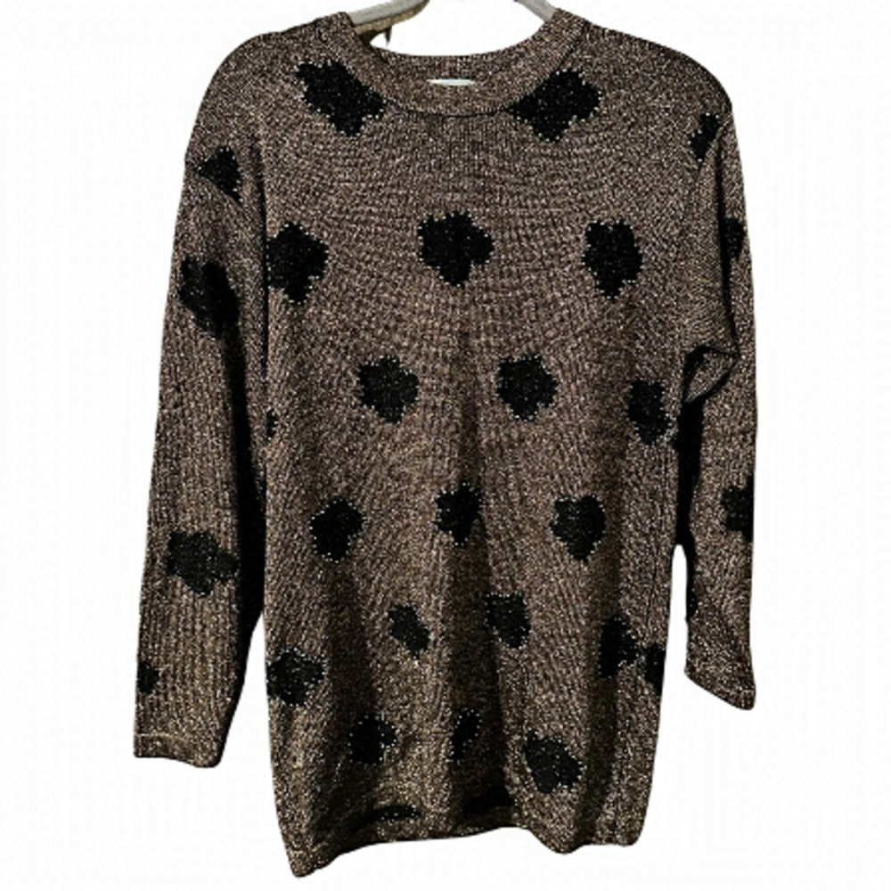 Vintage Franco Valeri L Brown Black Floral Gold Metallic Accent Crewneck Sweater